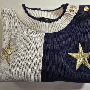 Maurada Vintage Navy White Colorblock Star Sweater‎ Gold Button Accent Womens L
